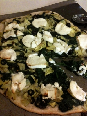 Chevre, Choke, Spinach & Olive Pizza